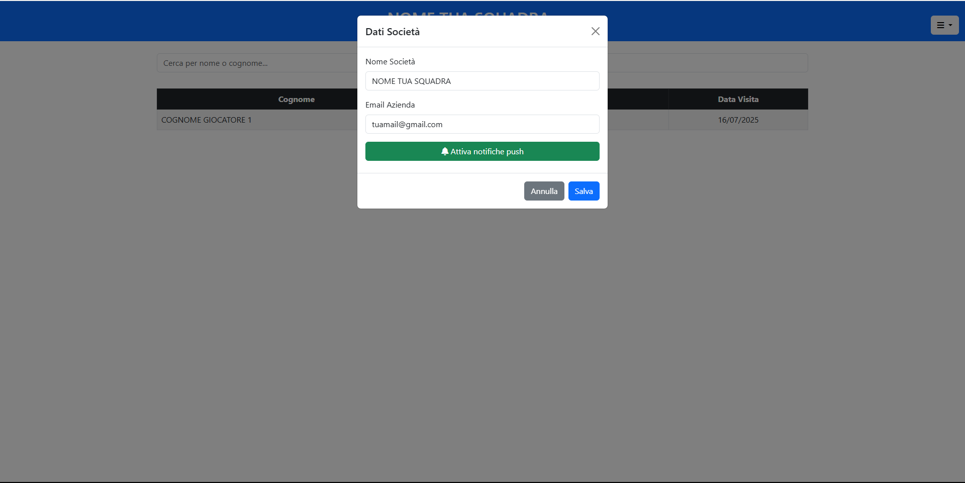 Dashboard Ricorda Visite Calcio